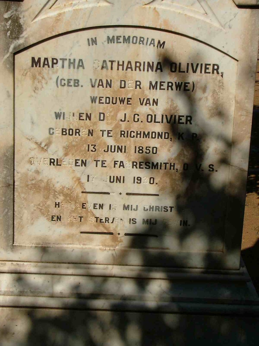 OLIVIER J.G.  &amp; Martha Catharina nee VAN DER MERWE   1850-1930