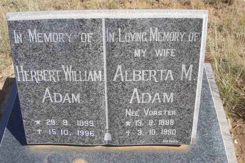 ADAM Herbert William 1899-1996 &amp; Alberta M. VORSTER 1898-1990