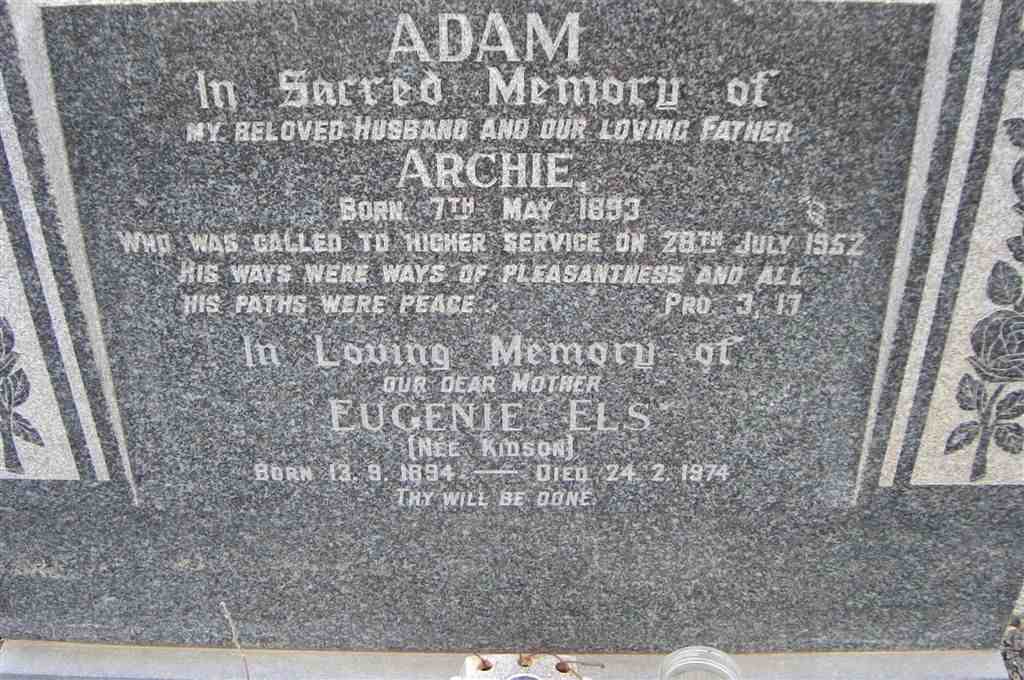 ADAM Archie 1893-1952 &amp; Eugenie ELS nee KIDSON 1894-1974
