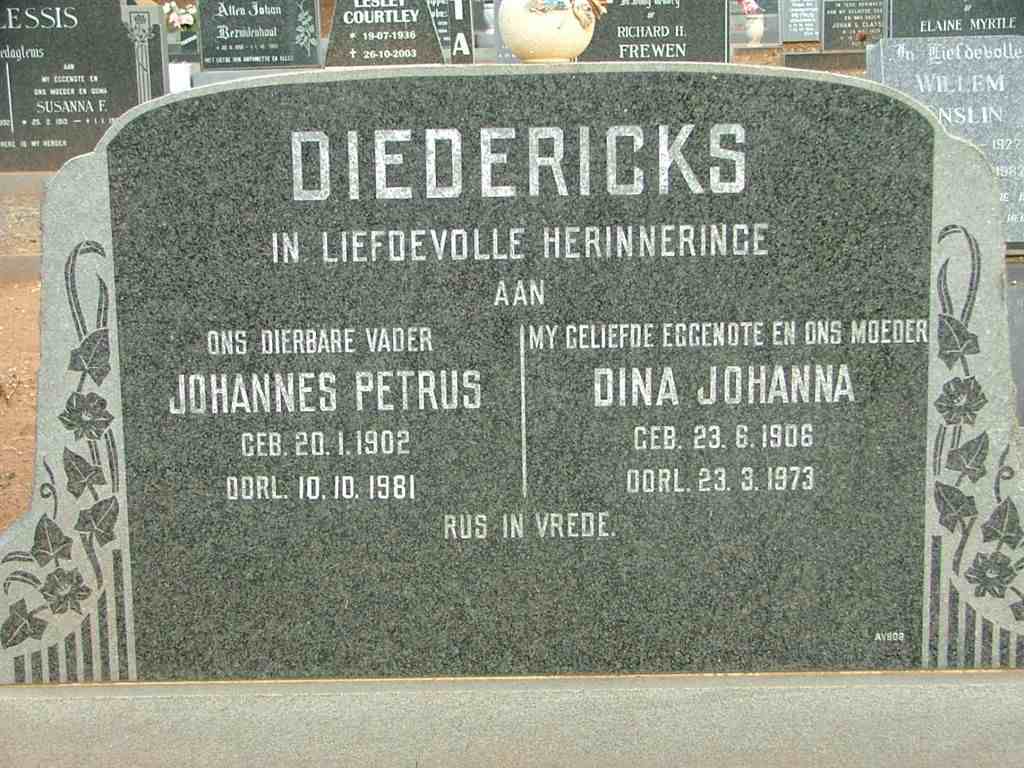 DIEDERICKS Johannes Petrus 1902-1981 &amp; Dina Johanna 1906-1973