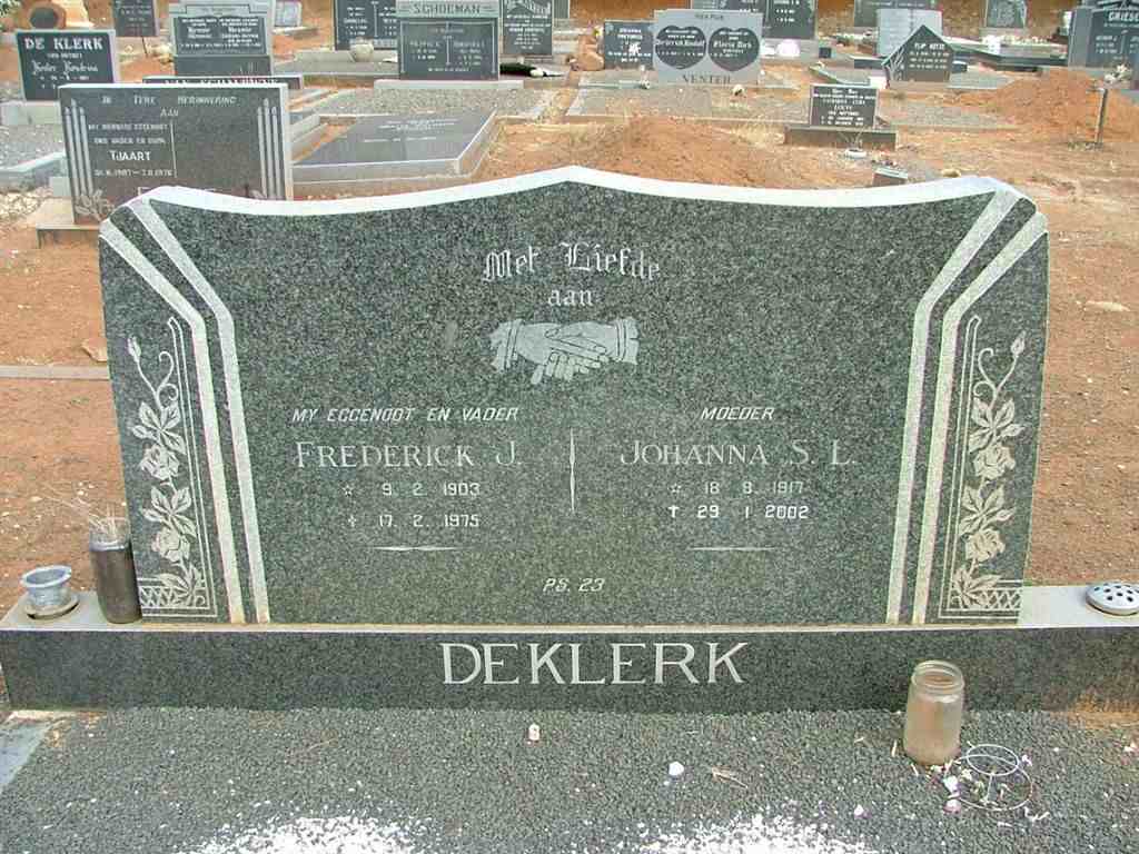 KLERK Frederick J., de 1903-1975 &amp; Johanna S.L. 1917-2002