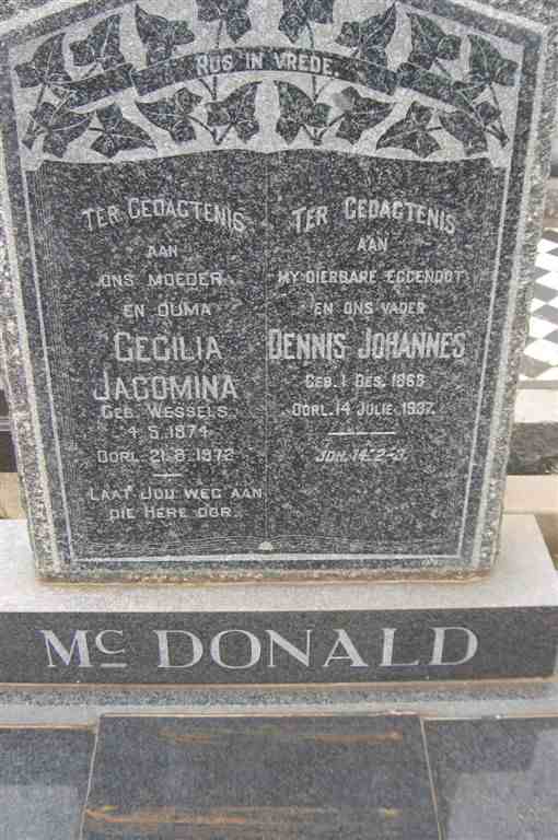 McDONALD Dennis Johannes 1868-1937 &amp; Cecilia Jacomina  WESSELS 1874-1972