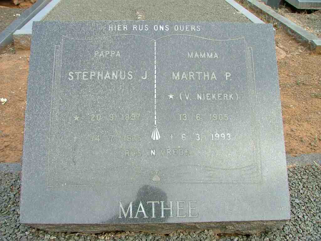 MATHEE Stephanus J., 1897-1975 &amp; Martha P. V. NIEKERK 1905-1993