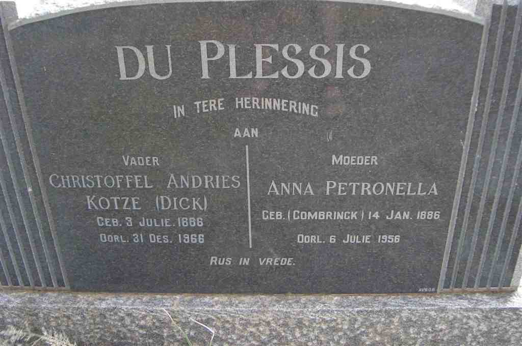 PLESSIS Christoffel Andries Kotze, du 1886-1966 &amp; Anna Petronella COMBRINCK 1886-1956