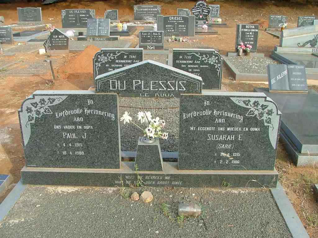 PLESSIS Paul J., du 1915-1988 &amp; Susara E. 1915-1986