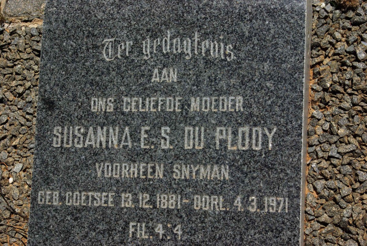 PLOOY Susanna E.S., du voorheen SNYMAN nee COETSEE 1881-1971