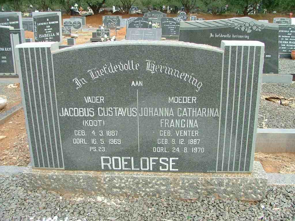 ROELOFSE Jacobus Gustavus 1887-1969 &amp; Johanna Catharina Francina VENTER 1887-1970