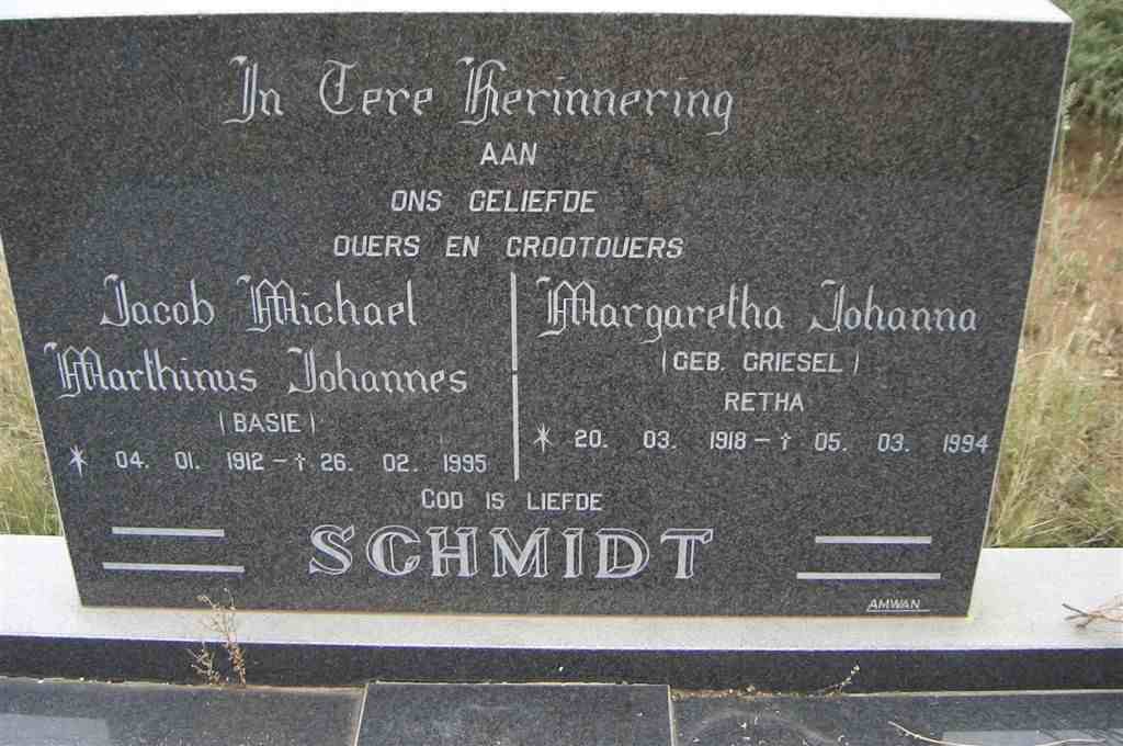 SCHMIDT Jacob Michael Marthinus Johannes 1912-1995 &amp; Margaretha Johanna GRIESEL 1918-1994