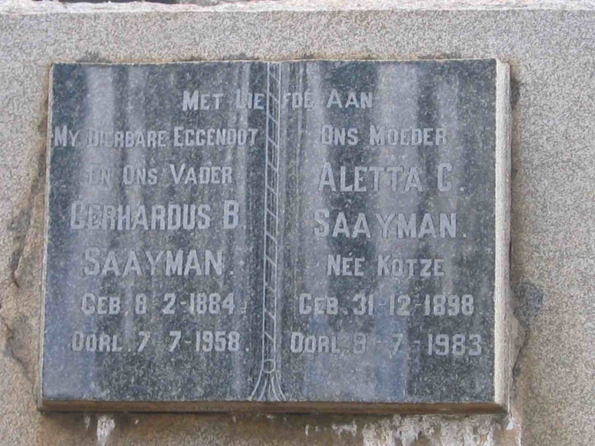 SAAYMAN Gerhardus B. 1884-1958 &amp;  Aletta C. KOTZE 1898-1983