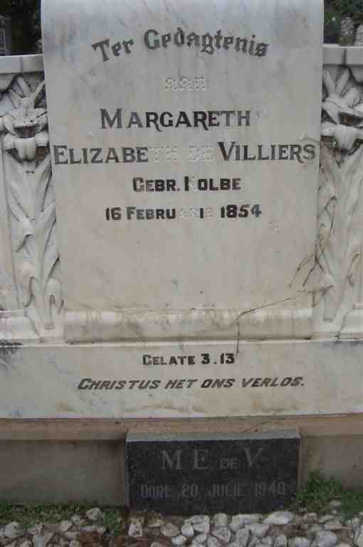 VILLIERS Margareth Elizabeth nee KOLBE -1854