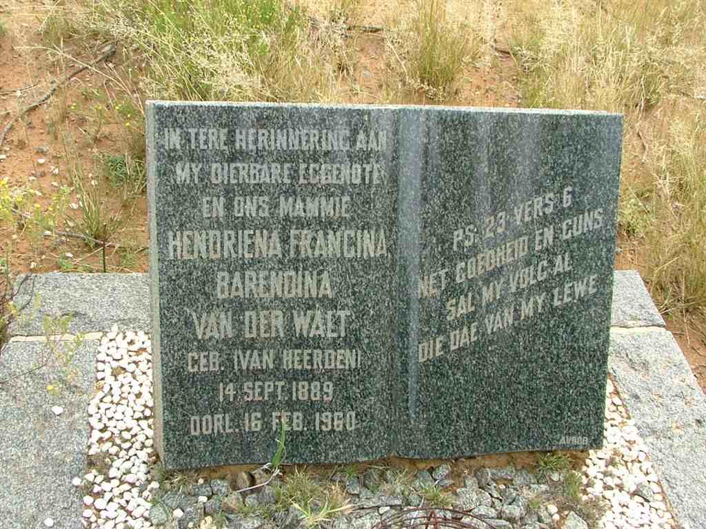 WALT Hendriena Francina Barendina, van der nee VAN HEERDEN 1889-1960