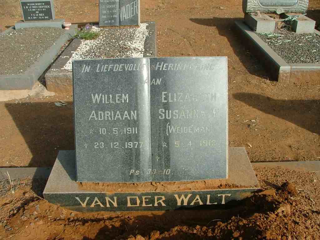 WALT Willem Adriaan, van der 1911-1977 &amp; Elizabeth Susanna F. WEIDEMAN 1912-