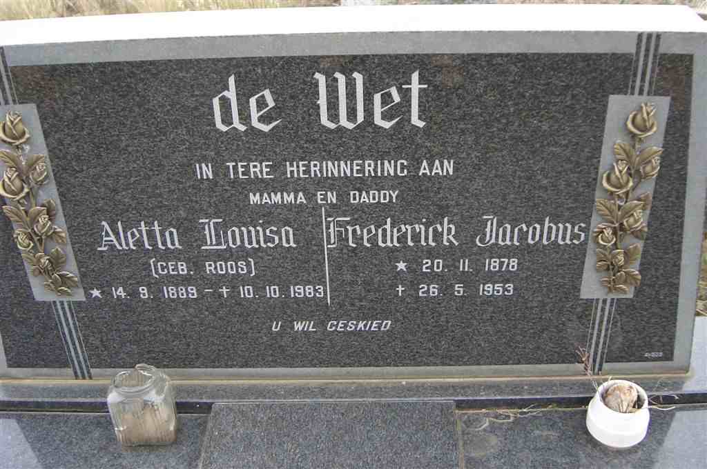 WET Frederick Jacobus, de 1878-1953 &amp; Aletta Louisa ROOS 1889-1983