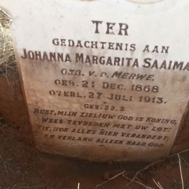 SAAIMAN Johanna Margarita nee V.D. MERWE 1868-1913