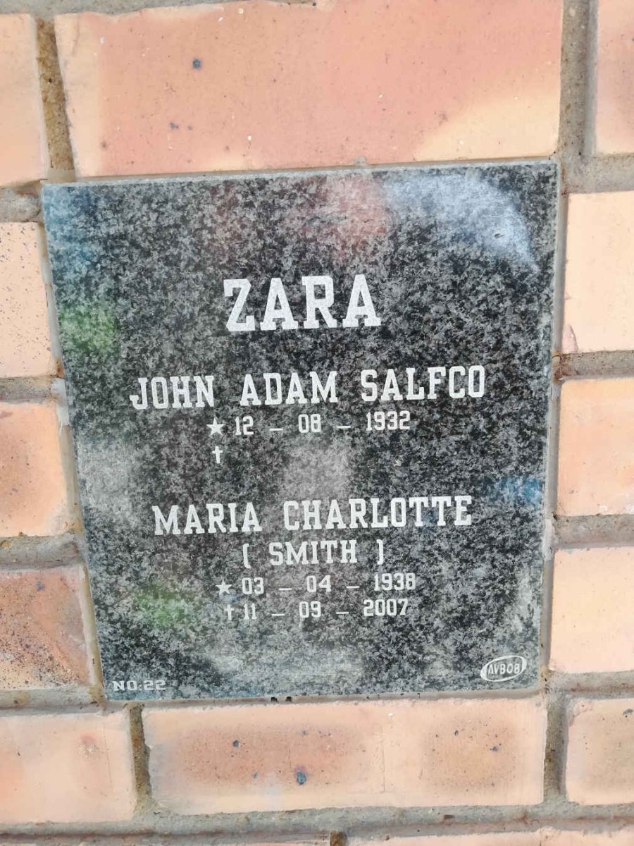ZARA John Adam Salfco 1932- &amp; Maria Charlotte SMITH 1938-2007