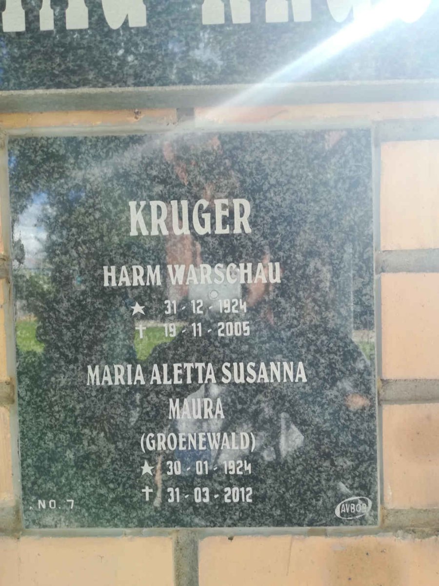 KRUGER Harm Warschau 1924-2005 &amp; Maria Aletta Susanna Maura GROENEWALD 1924-2012