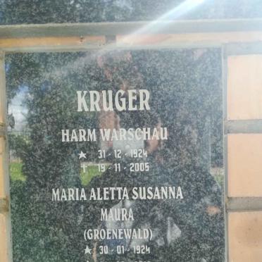 KRUGER Harm Warschau 1924-2005 &amp; Maria Aletta Susanna Maura GROENEWALD 1924-2012