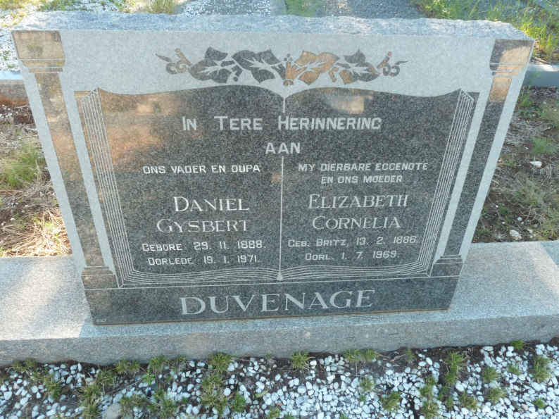 DUVENAGE Daniel Gysbert 1888-1971 &amp; Elizabeth Cornelia BRITZ 1886-1969