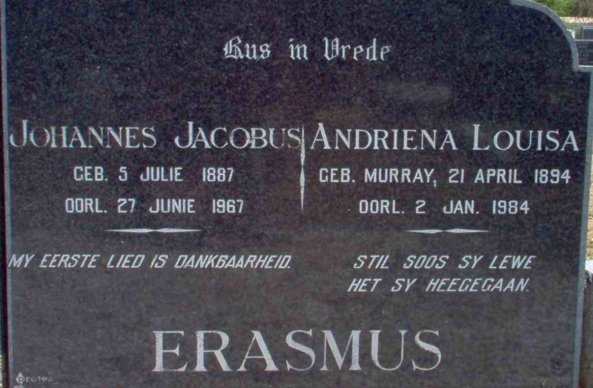 ERASMUS Johannes Jacobus 1887-1967 &amp; Andriena Louisa MURRAY 1894-1984