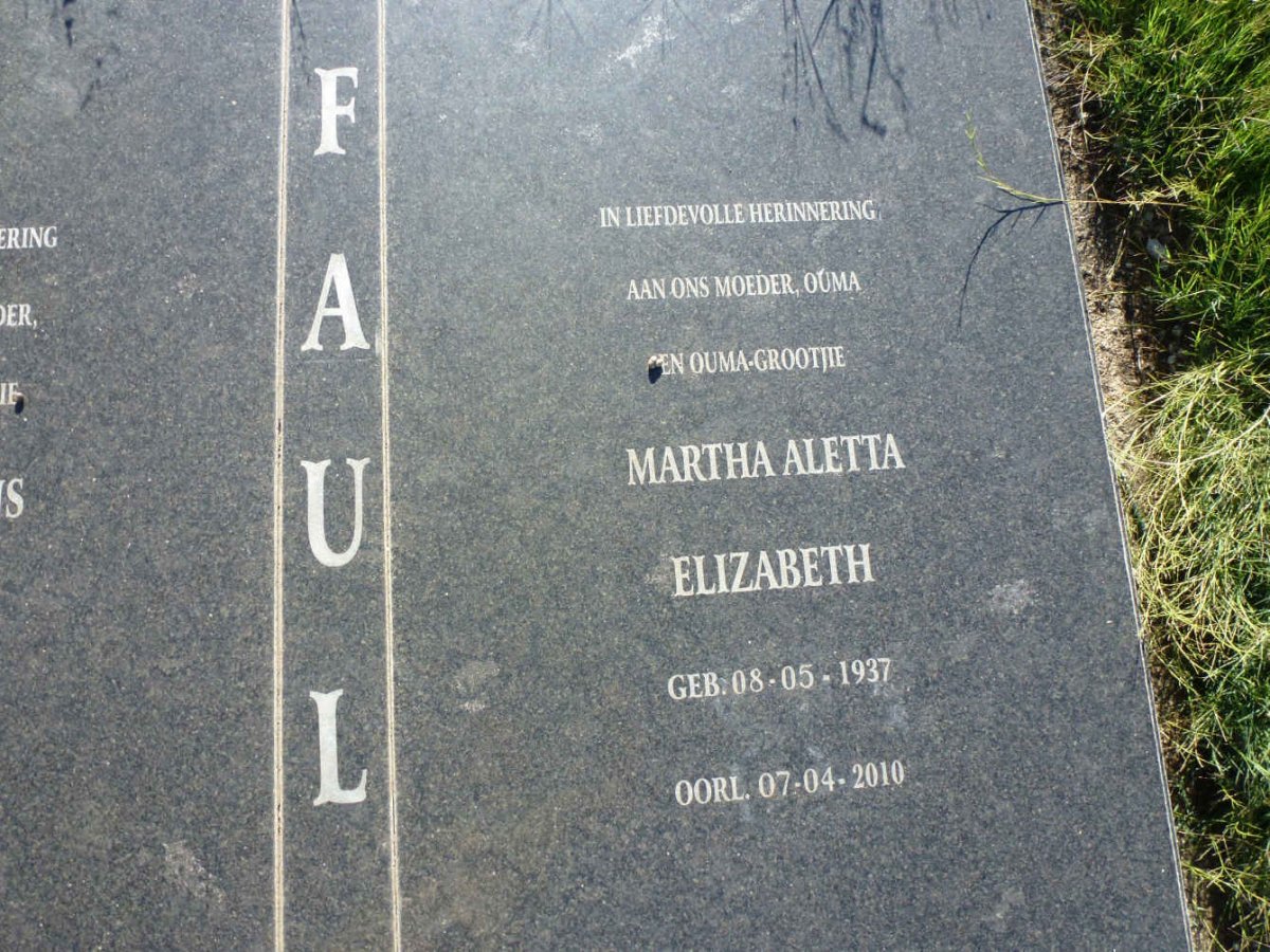 FAUL Stanley Frans 1931-2010 &amp; Martha Aletta Elizabeth 1937-2010