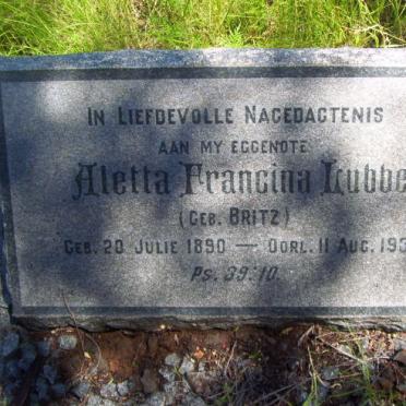 LUBBE Aletta Francina nee BRITZ 1890-1937