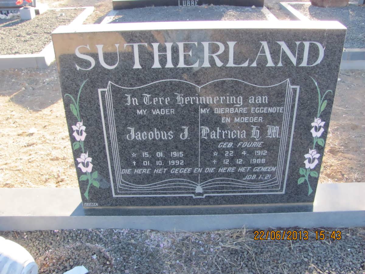 SUTHERLAND Jacobus J. 1915-1992 &amp; Patricia H.M. FOURIE 1912-1988