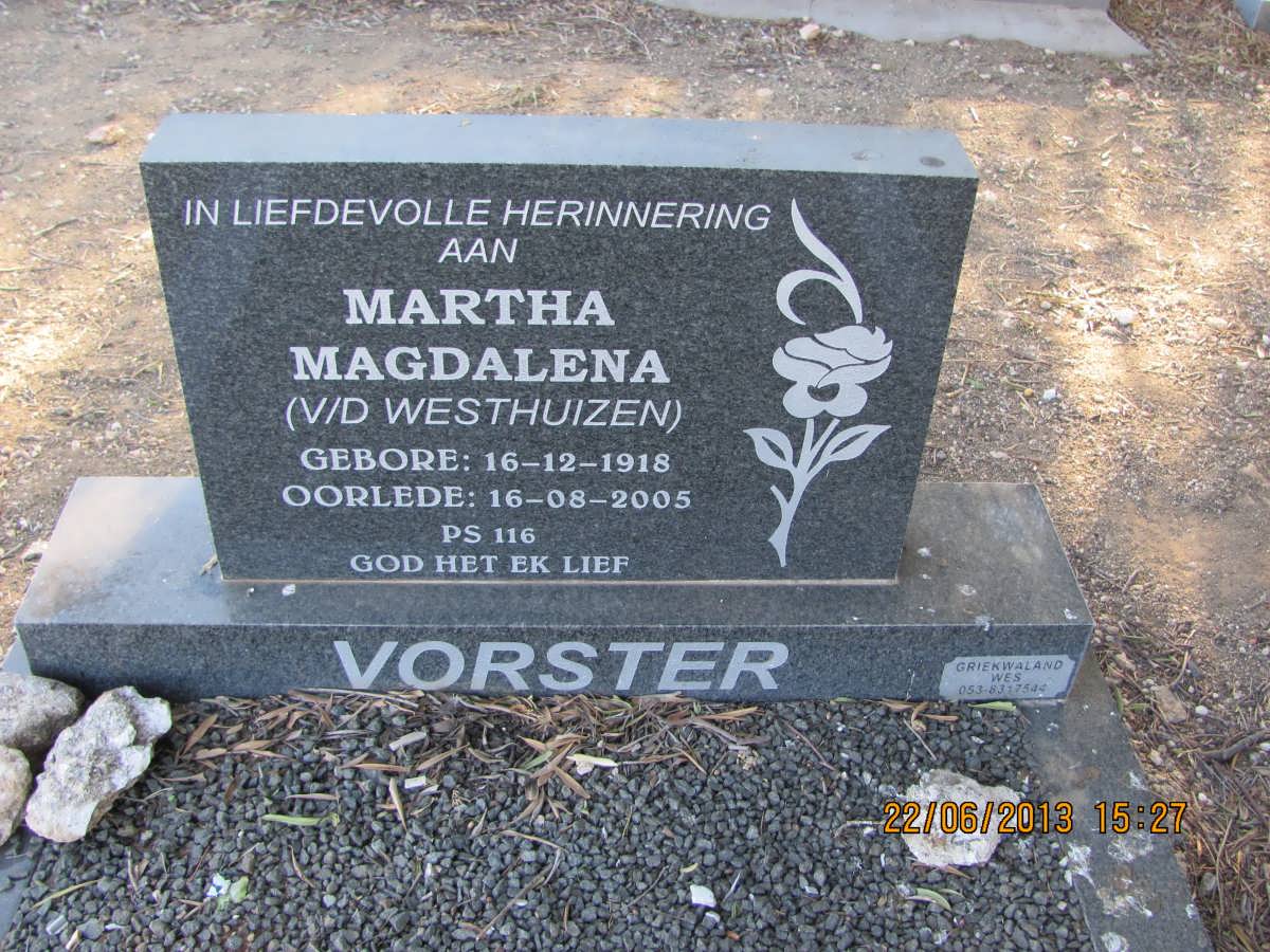 VORSTER Martha Magdalena nee V.D. WESTHUIZEN 1918-2005