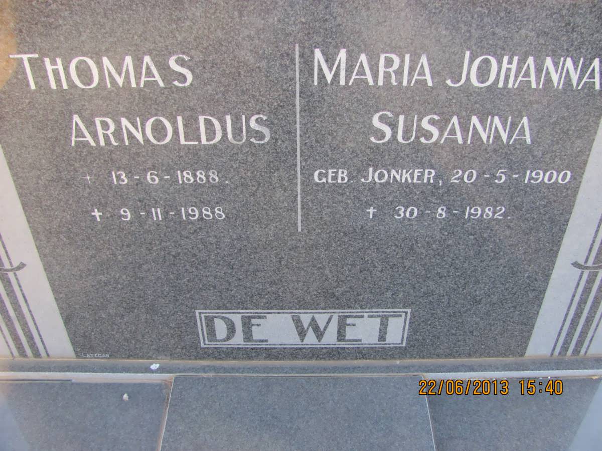 WET Thomas Arnoldus, de 1888-1988 &amp; Maria Johanna Susanna JONKER 1900-1982