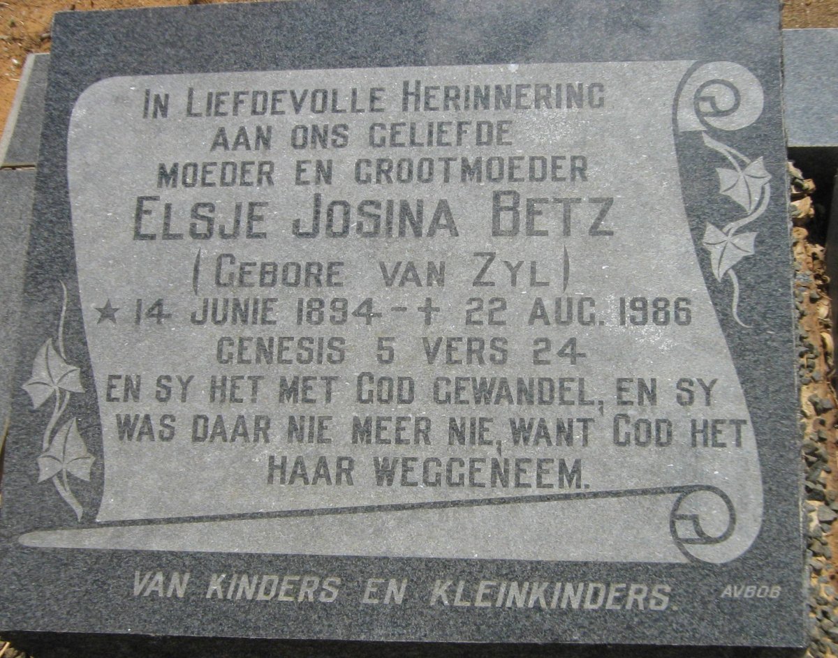 BETZ Elsje Josina nee VAN ZYL 1894-1986