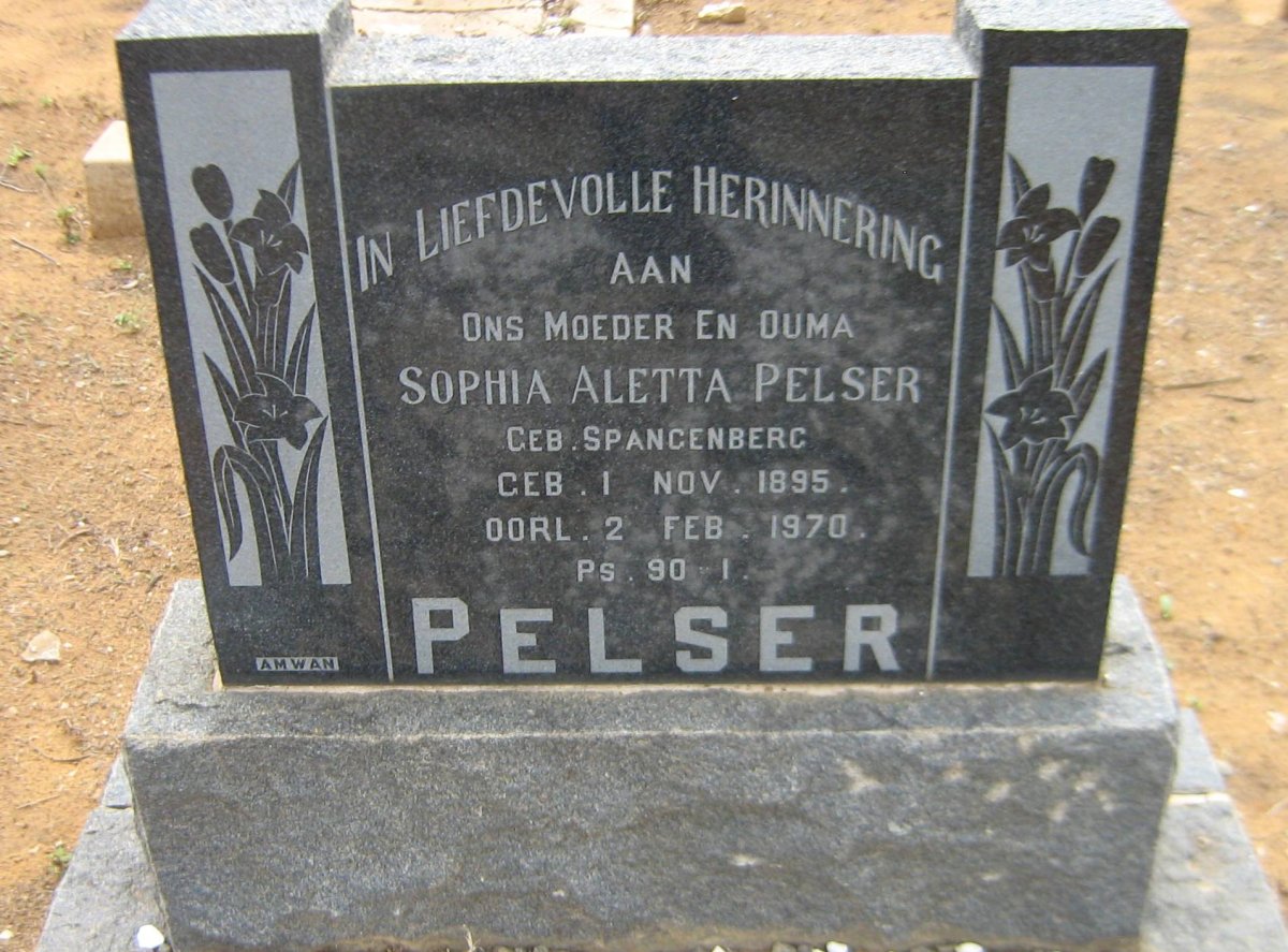 PELSER Sophia Aletta nee SPANGENBERG 1895-1970