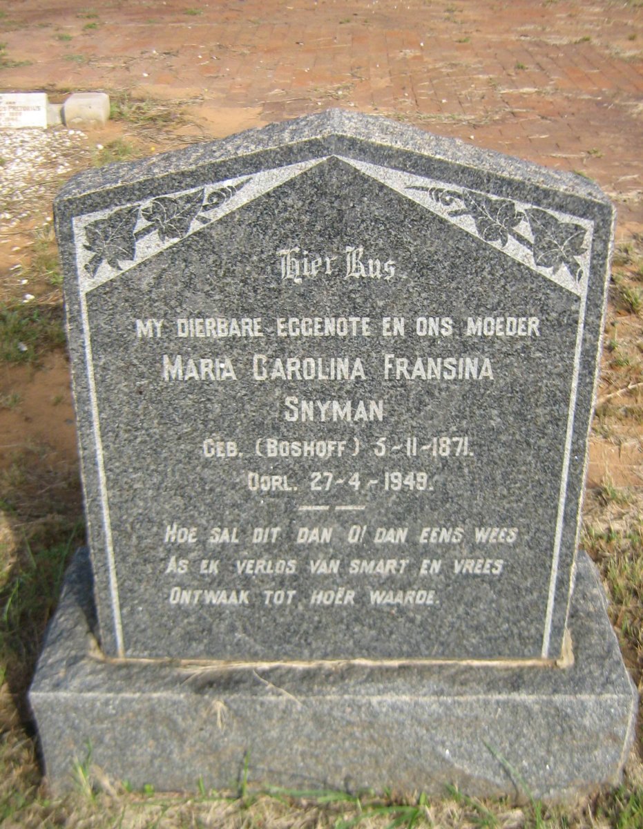 SNYMAN Maria Carolina Fransina nee BOSHOFF 1871-1949