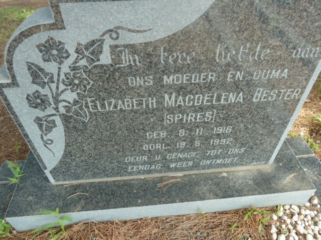 BESTER Elizabeth Magdelena nee SPIRES 1916-1992