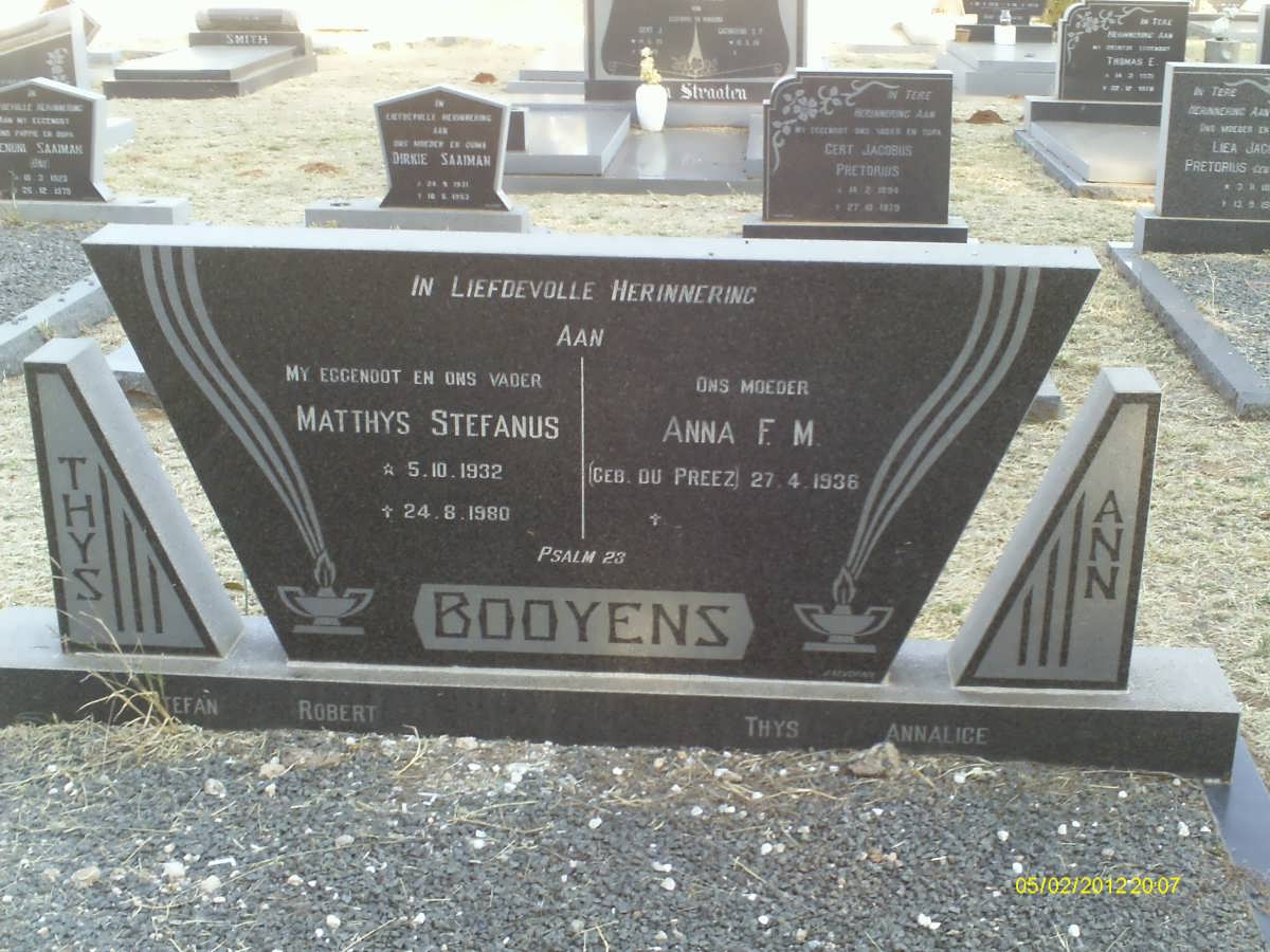 BOOYENS Matthys Stefanus 1932-1980 &amp; Anna F.M. DU PREEZ 1936-