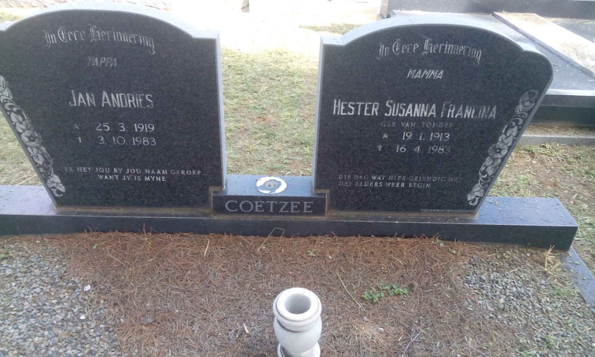 COETZEE Jan Andries 1919-1983 &amp; Hester Susanna Francina VAN TONDER 1913-1983