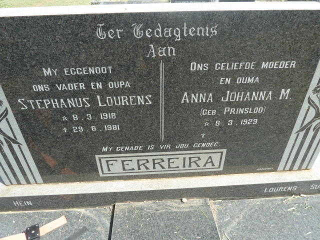 FERREIRA Stephanus Lourens 1918-1981 &amp; Anna Johanna M. PRINSLOO 1929-