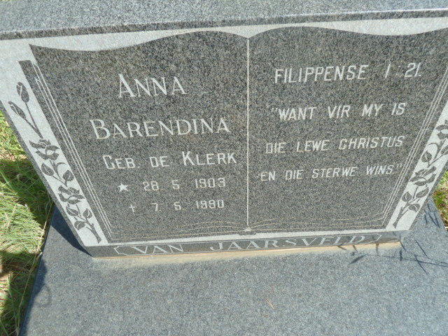 JAARSVELD Anna Barendina, van nee DE KLERK 1903-1990