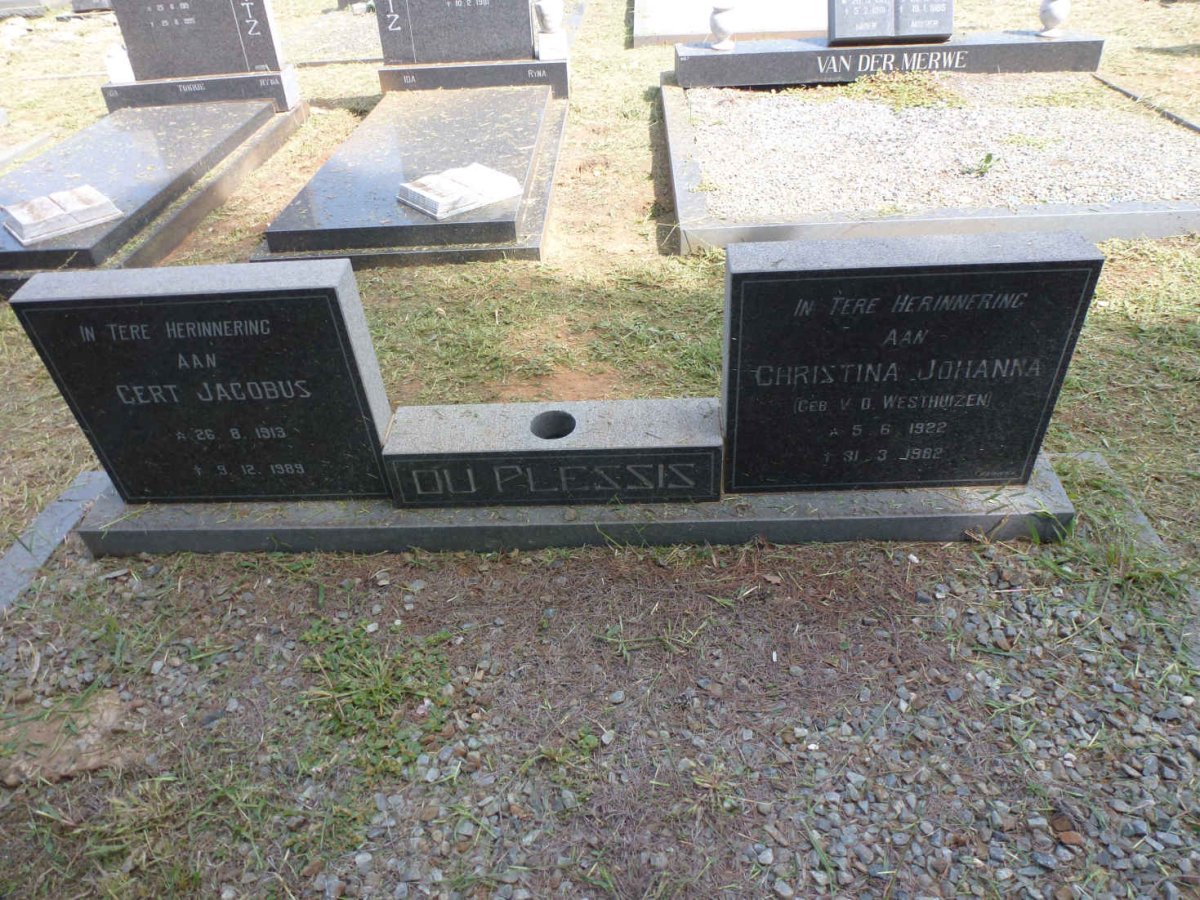 PLESSIS Gert Jacobus, du 1913-1989 &amp; Christina Johanna V.D. WESTHUIZEN 1922-1982