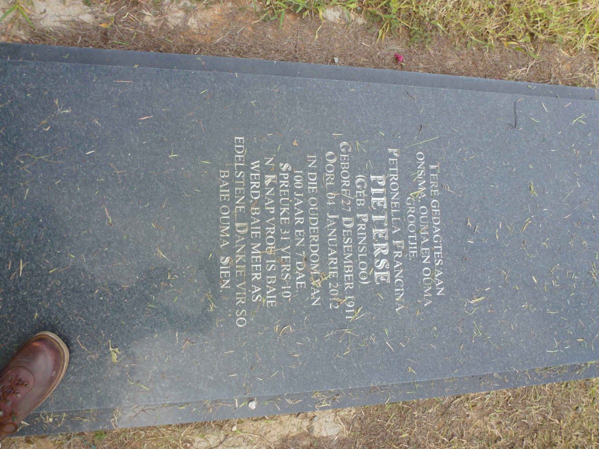 PIETERSE Petronella Francina nee PRINSLOO 1911-2012
