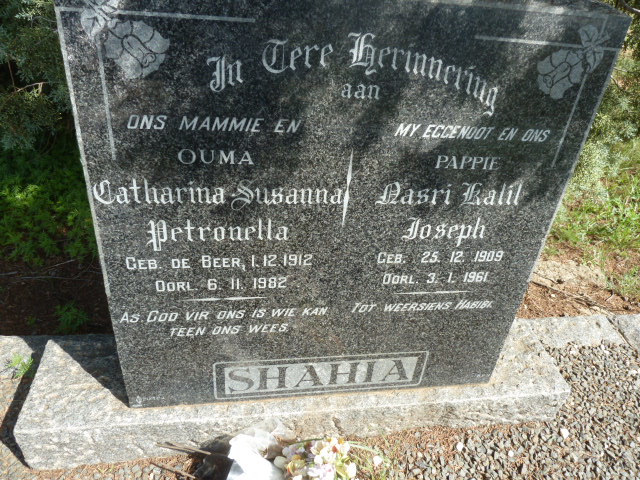 SHAHIA Masri Kalil Joseph 1909-1961 &amp; Catharina Susanna Petronella DE BEER 1912-1982