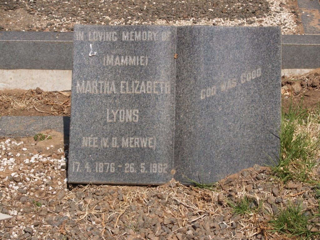 LYONS Martha Elizabeth nee v.d. MERWE 1876-1962
