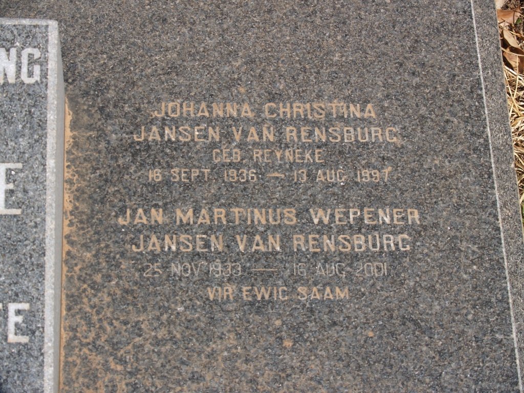 RENSBURG Jan Marthinus Wepener, Jansen van 1933-2001 &amp; Johanna Christina REYNEKE 1936-1997