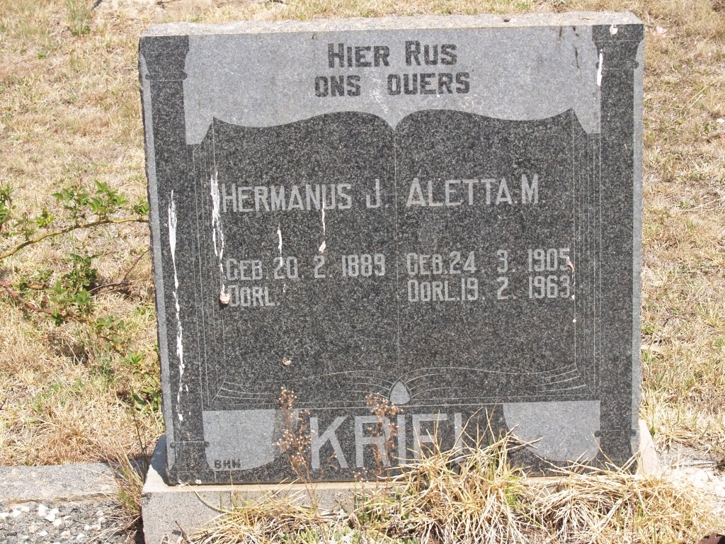 KRIEL Hermanus J. 1889- &amp; Aletta M. 1905-1963