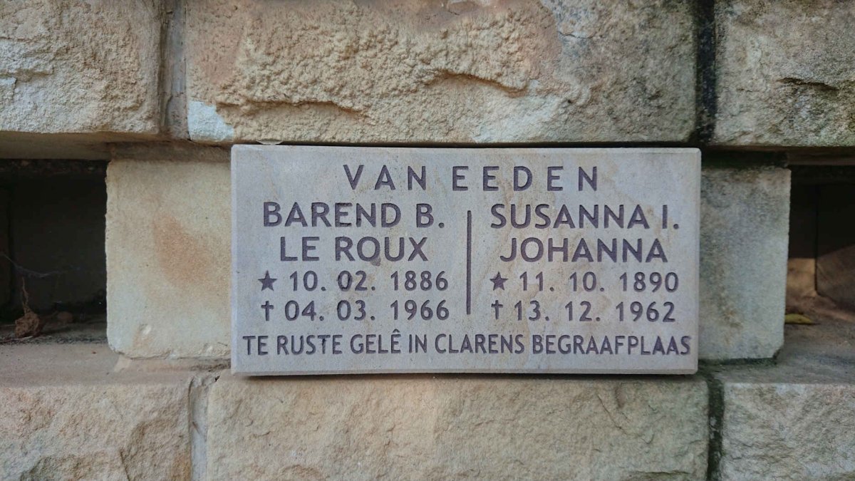 EEDEN Barend B. le Roux, van 1886-1966 &amp; Susanna I. Johanna 1890-1962