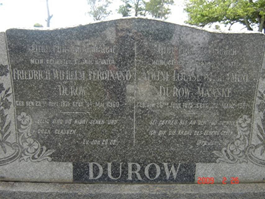 DUROW Friedrich Wilhelm Ferdinand 1871-1960 &amp; Alwine Louise Wilhelmine MAASKE 1875-1967