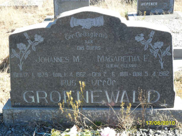 GROENEWALD Johannes M. 1879-1962 &amp; Magaretha E. DU PLESSIS 1881-1962