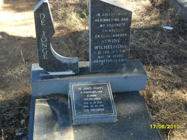 JONGE Alwine Wilhelmina, de formerly KAPP nee PRETORIUS 1926-1991