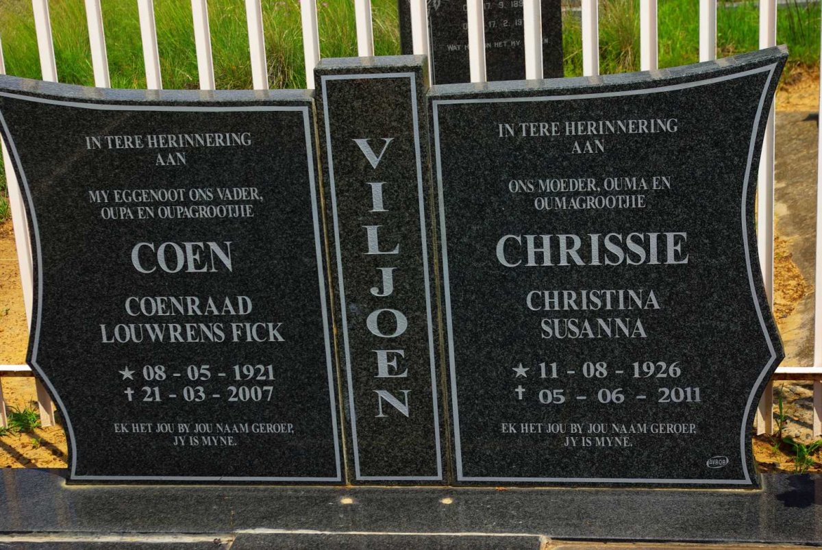 VILJOEN Coenraad Louwrens Fick 1921-2007 &amp; Christina Susanna 1926-2011