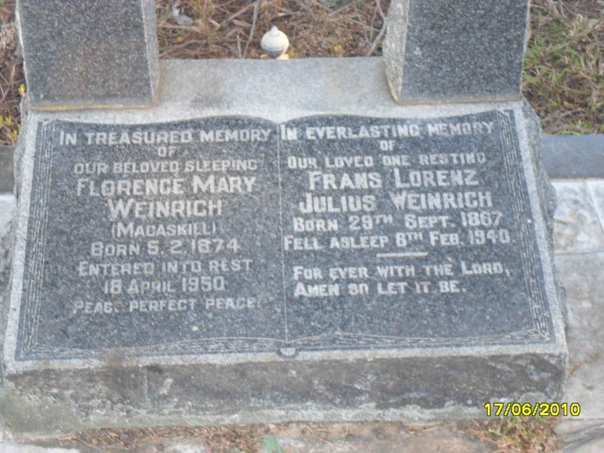 WEINRICH Frans Lorenz Julius 1867-1940 &amp; Florence Mary MACASKILL 1874-1950