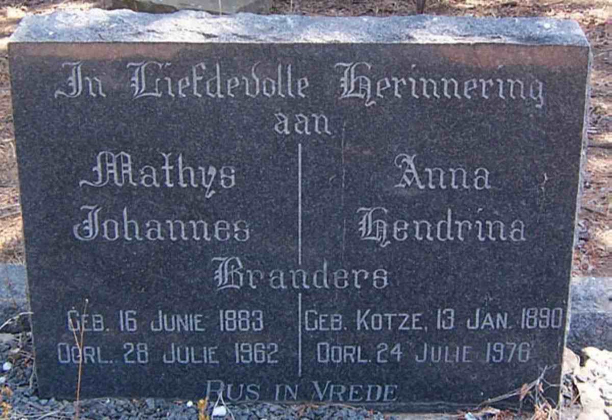 BRANDERS Mathys Johannes 1883-1962 &amp; Anna Hendrina KOTZE 1890-1976