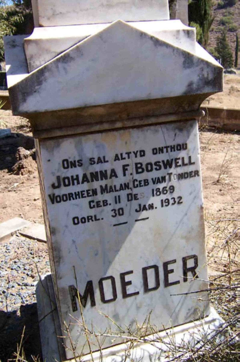 BOSWELL Johanna F., formerly MALAN, nee VAN TONDER 1869-1932
